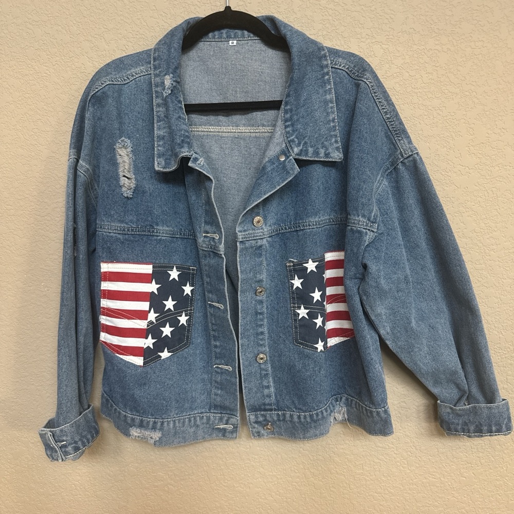 Distressed Denim Jacket w/ American Flag Pockets | Size M | New Without Tags